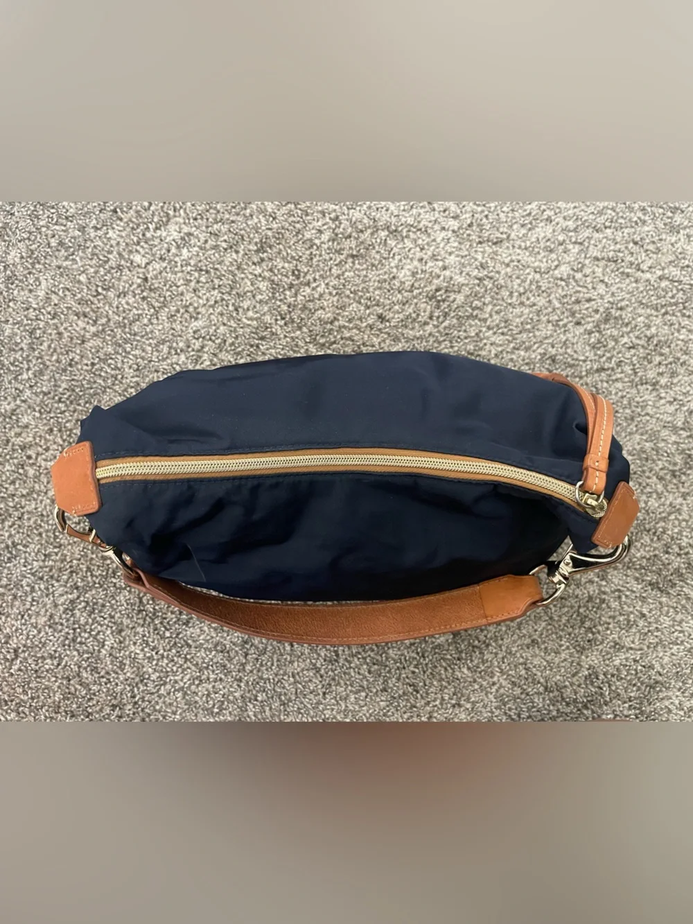 Dooney & Bourke Navy Blue Nylon Hobo Shoulder Bag W/ Brown Leather Trim Tassel